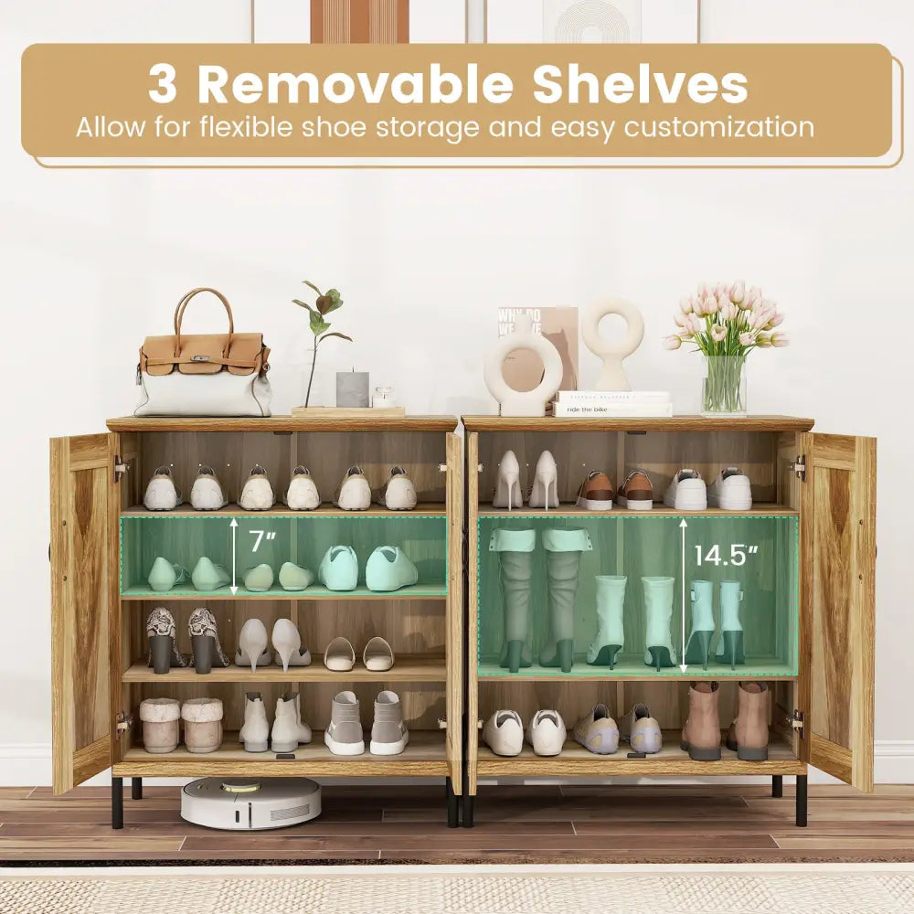 5-Tier Wooden Farmhouse Shoe Cabinet with Woven Rattan Doors-Natural - Natural - Shoe Racks & Storage Benches