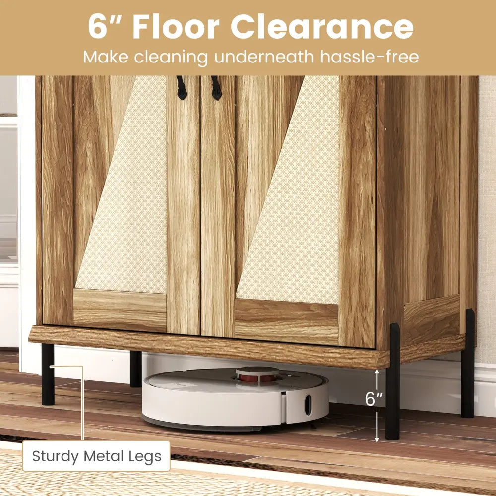 5-Tier Wooden Farmhouse Shoe Cabinet with Woven Rattan Doors-Natural - Natural - Shoe Racks & Storage Benches