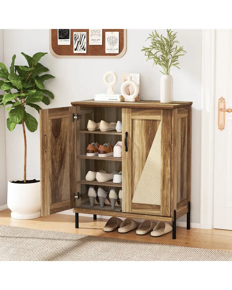 5-Tier Wooden Farmhouse Shoe Cabinet with Woven Rattan Doors-Natural - Natural - Shoe Racks & Storage Benches
