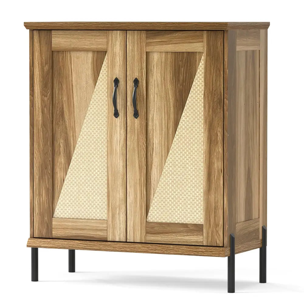 5-Tier Wooden Farmhouse Shoe Cabinet with Woven Rattan Doors-Natural - Natural - Shoe Racks & Storage Benches