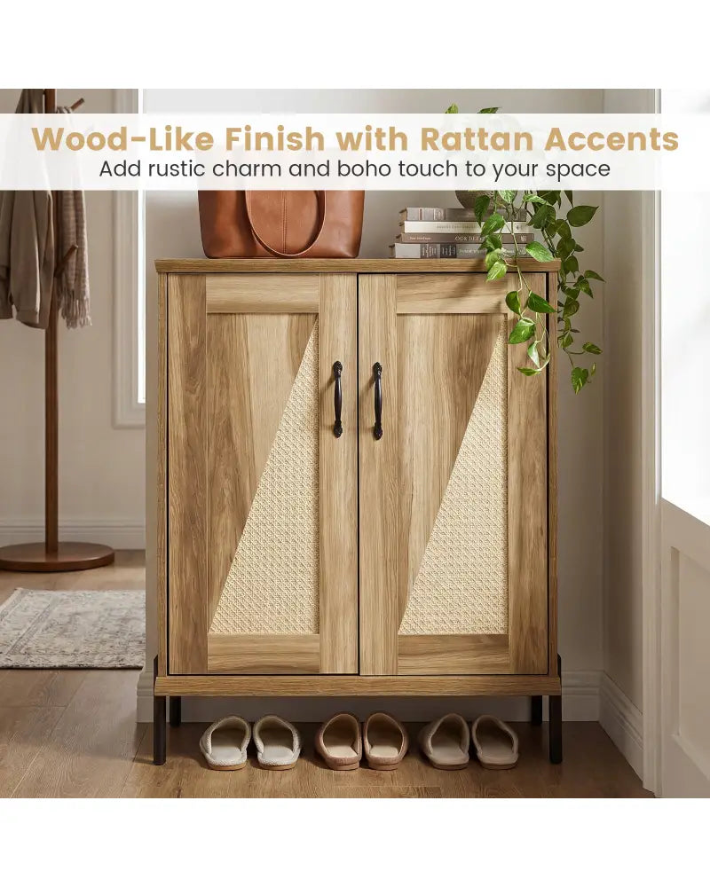 5-Tier Wooden Farmhouse Shoe Cabinet with Woven Rattan Doors-Natural - Natural - Shoe Racks & Storage Benches