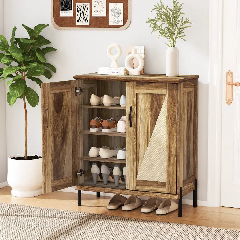 5-Tier Wooden Farmhouse Shoe Cabinet with Woven Rattan Doors-Natural - Natural - Shoe Racks & Storage Benches