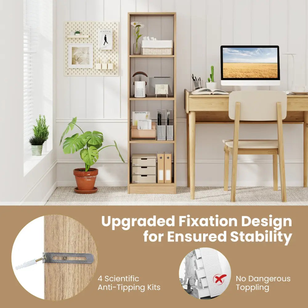 5 Tiers 4-Cube Narrow Bookshelf with 4 Anti-Tipping Kits-Natural - Natural - Bookcases