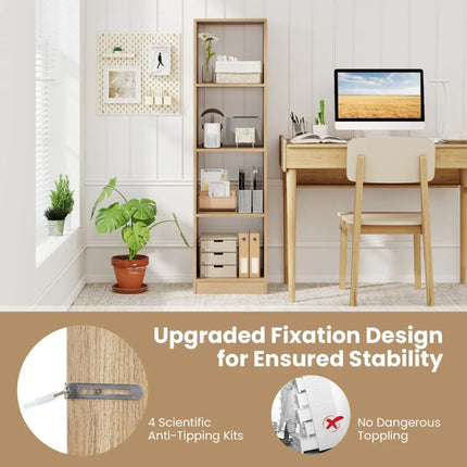5 Tiers 4-Cube Narrow Bookshelf with 4 Anti-Tipping Kits-Natural - Natural - Bookcases