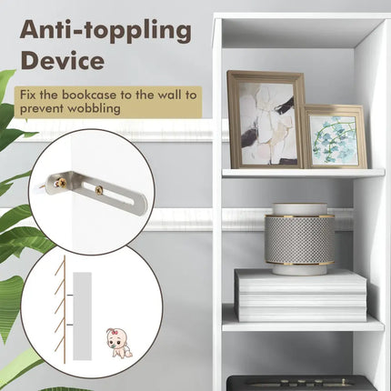 5 Tiers 4-Cube Narrow Bookshelf with 4 Anti-Tipping Kits-White - White - Bookcases
