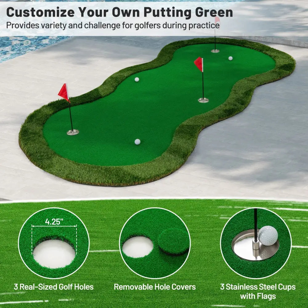 5 x 10 Feet Golf Practice Putting Green Mat with 3 Holes and Golf Balls for Home Office Backyard - Green - Golf
