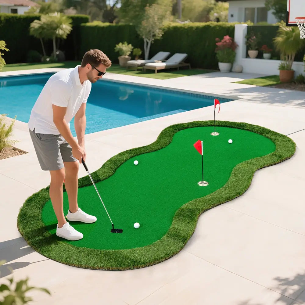 5 x 10 Feet Golf Practice Putting Green Mat with 3 Holes and Golf Balls for Home Office Backyard - Green - Golf