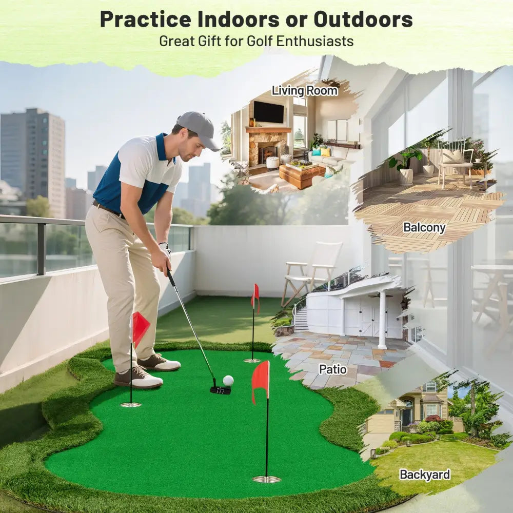 5 x 10 Feet Golf Practice Putting Green Mat with 3 Holes and Golf Balls for Home Office Backyard - Green - Golf