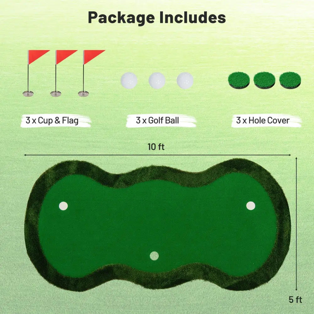 5 x 10 Feet Golf Practice Putting Green Mat with 3 Holes and Golf Balls for Home Office Backyard - Green - Golf