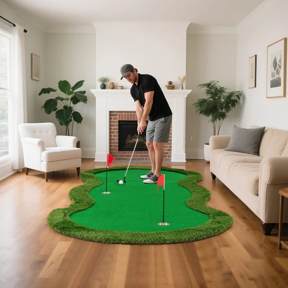 5 x 10 Feet Golf Practice Putting Green Mat with 3 Holes and Golf Balls for Home Office Backyard - Green - Golf