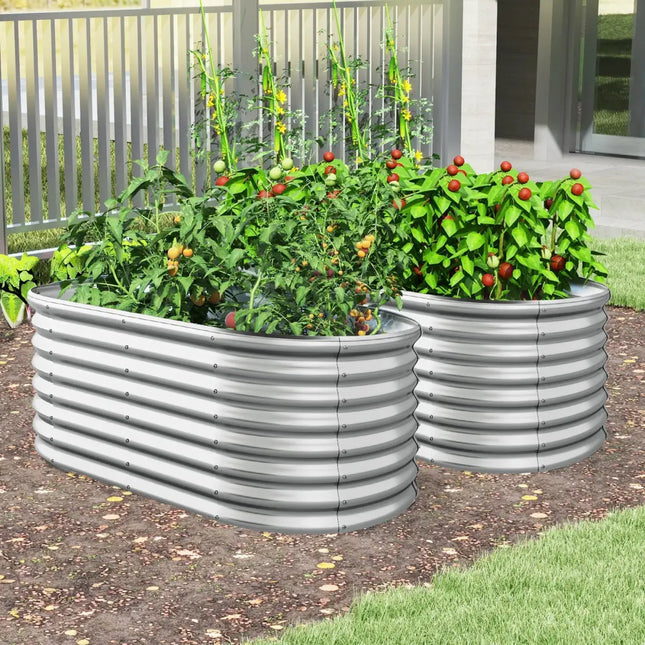 5 x 3 x 2 Feet Metal Oval Raised Garden Bed with Open Bottom Design-Silver - Silver - Raised Garden Beds
