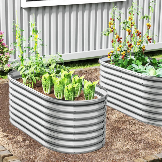 5 x 3 x 2 Feet Metal Oval Raised Garden Bed with Open Bottom Design-Silver - Silver - Raised Garden Beds