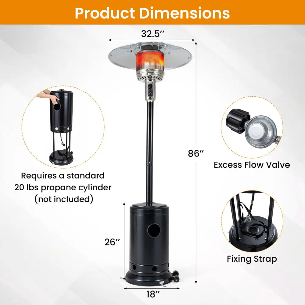 50 000 BTU Patio Propane Gas Heater with Stainless Steel Burner-Black - Black - Patio Heaters