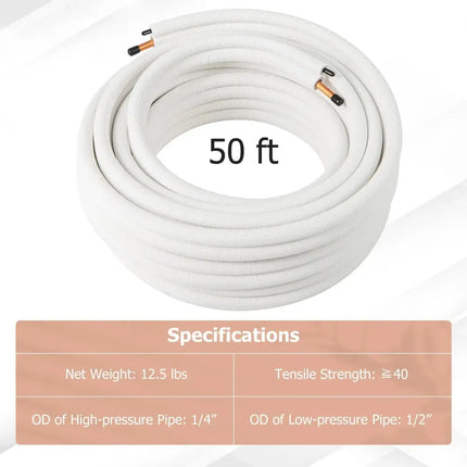 50 Feet Mini Split Line Set with 1/4 Inch and 1/2 Inch O.D. Copper Pipes Tubing Costway