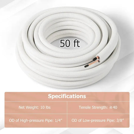 50 Feet Mini Split Line Set with 1/4 Inch and 3/8 Inch O.D. Copper Pipes Tubing Costway
