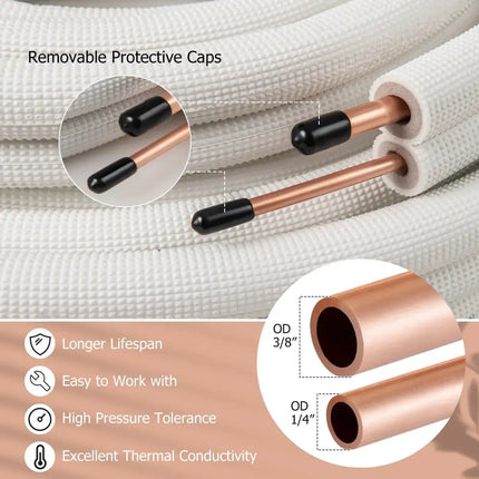 50 Feet Mini Split Line Set with 1/4 Inch and 3/8 Inch O.D. Copper Pipes Tubing Costway