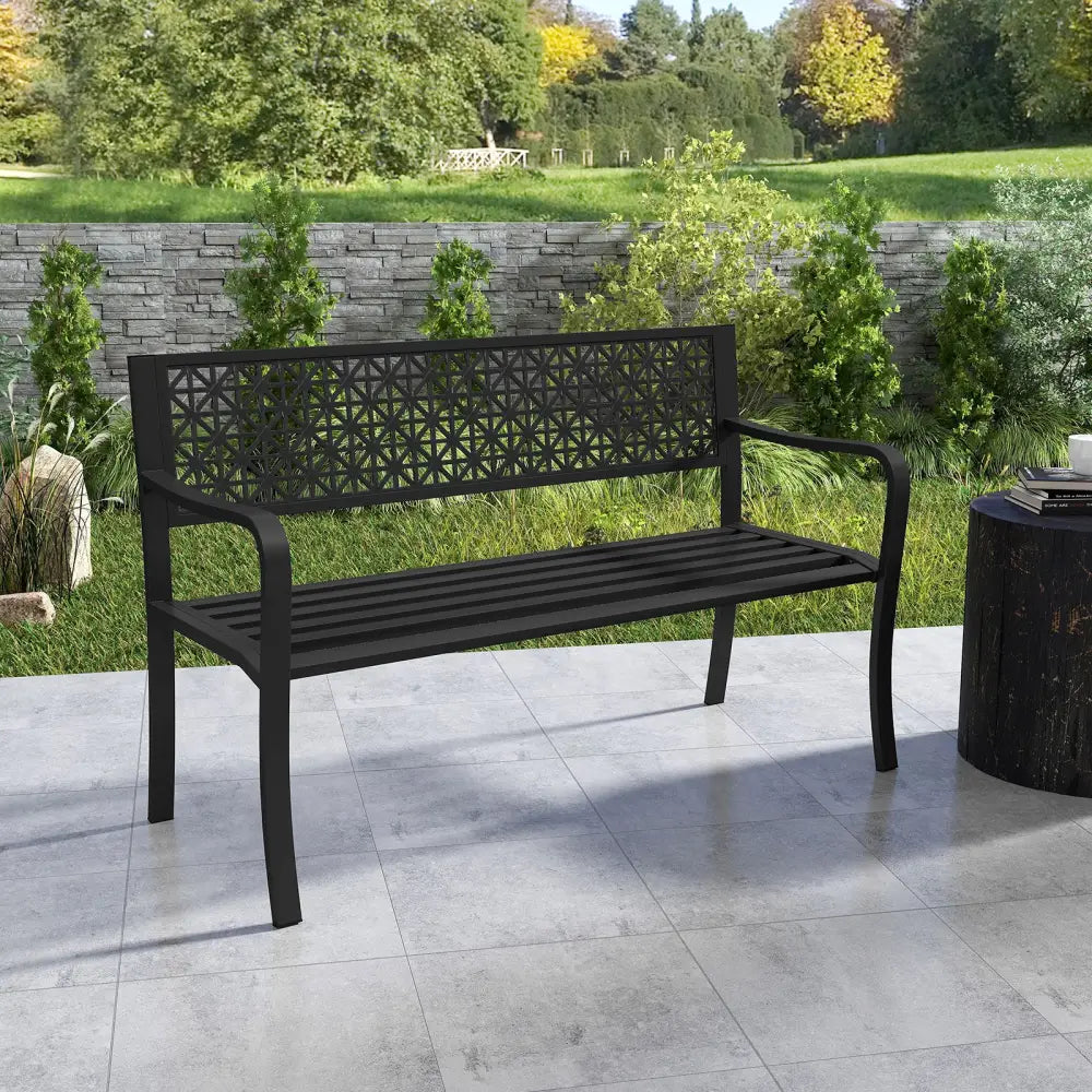 50 Inch Garden Bench with Patterned Backrest and Curved Armrests for 2-3 Person-Black - Black - Outdoor Benches