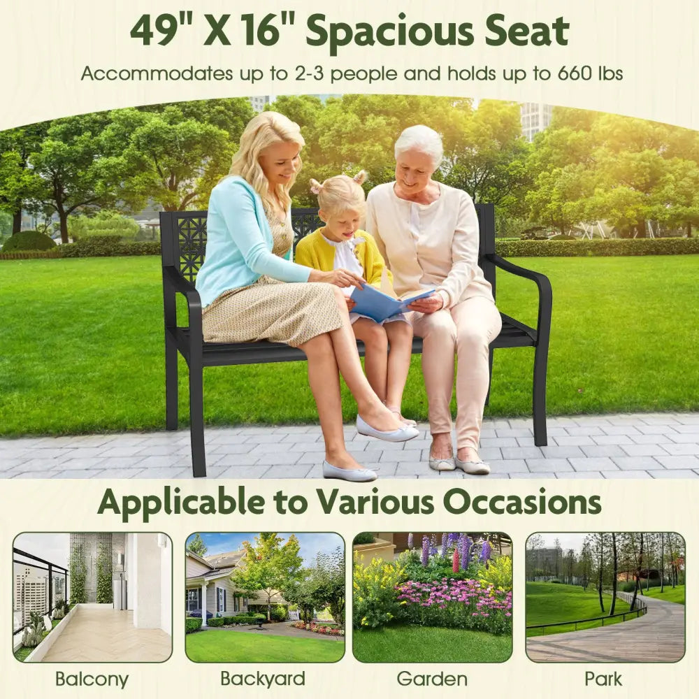 50 Inch Garden Bench with Patterned Backrest and Curved Armrests for 2-3 Person-Black - Black - Outdoor Benches
