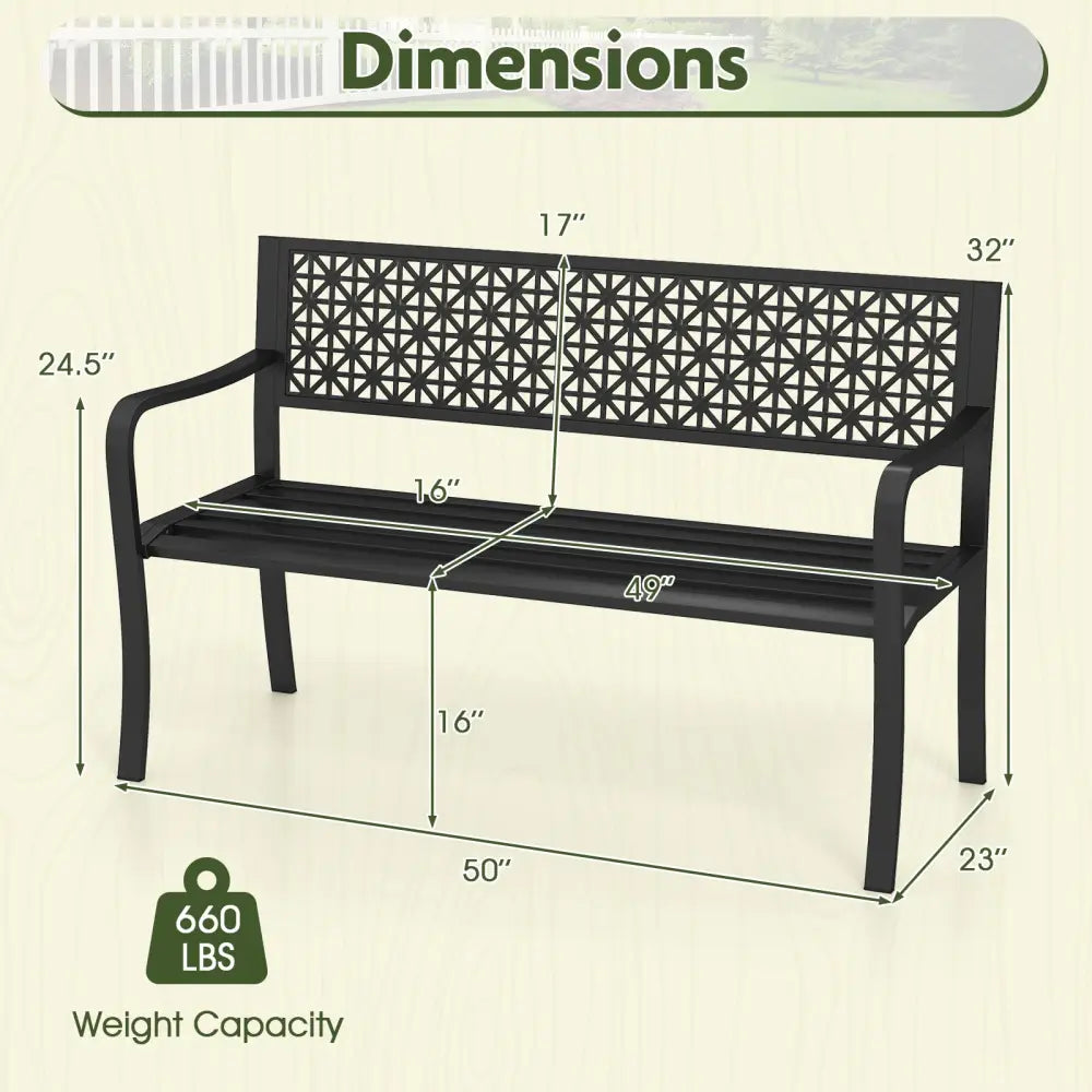 50 Inch Garden Bench with Patterned Backrest and Curved Armrests for 2-3 Person-Black - Black - Outdoor Benches