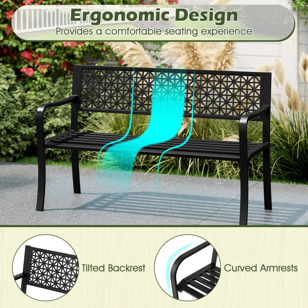 50 Inch Garden Bench with Patterned Backrest and Curved Armrests for 2-3 Person-Black - Black - Outdoor Benches
