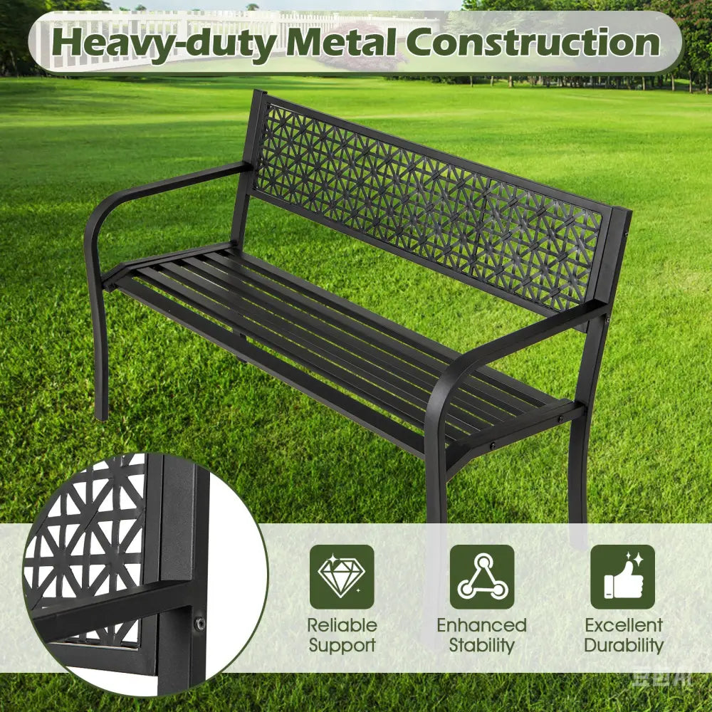 50 Inch Garden Bench with Patterned Backrest and Curved Armrests for 2-3 Person-Black - Black - Outdoor Benches