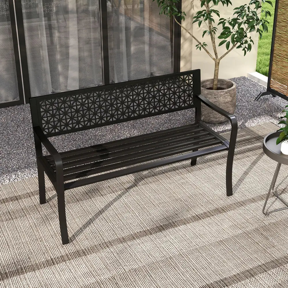 50 Inch Garden Bench with Patterned Backrest and Curved Armrests for 2-3 Person-Black - Black - Outdoor Benches