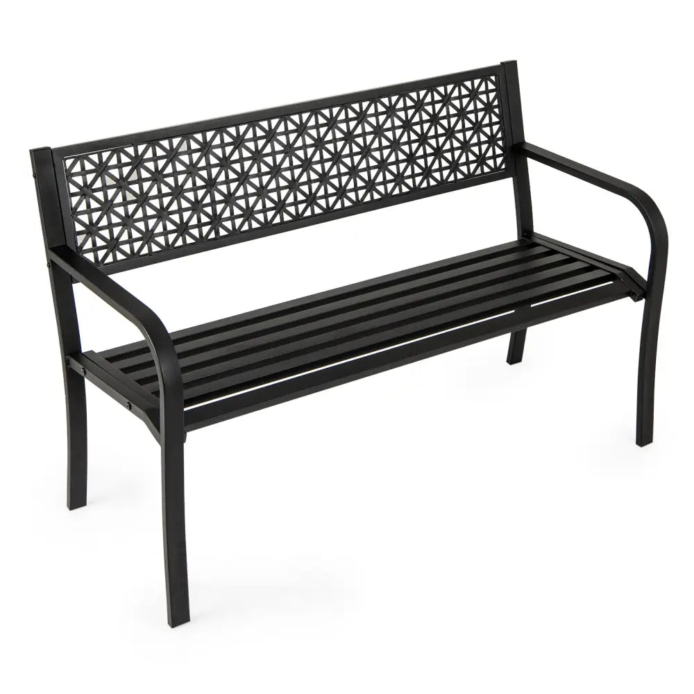 50 Inch Garden Bench with Patterned Backrest and Curved Armrests for 2-3 Person-Black - Black - Outdoor Benches