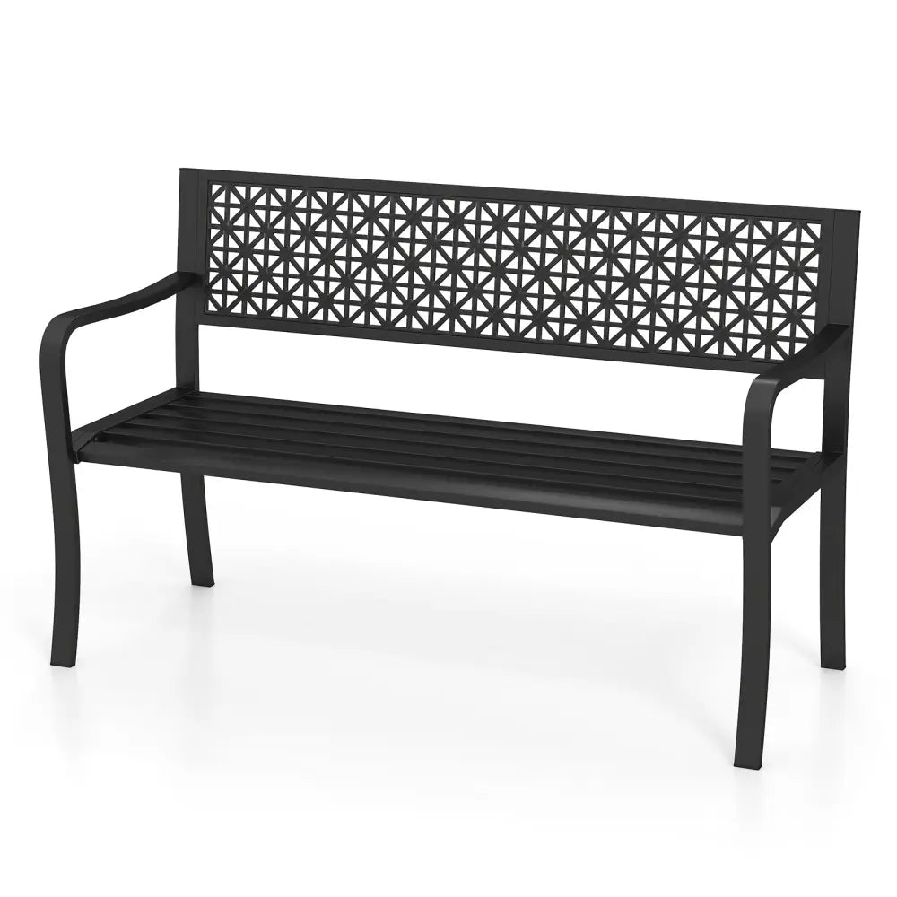 50 Inch Garden Bench with Patterned Backrest and Curved Armrests for 2-3 Person-Black - Black - Outdoor Benches