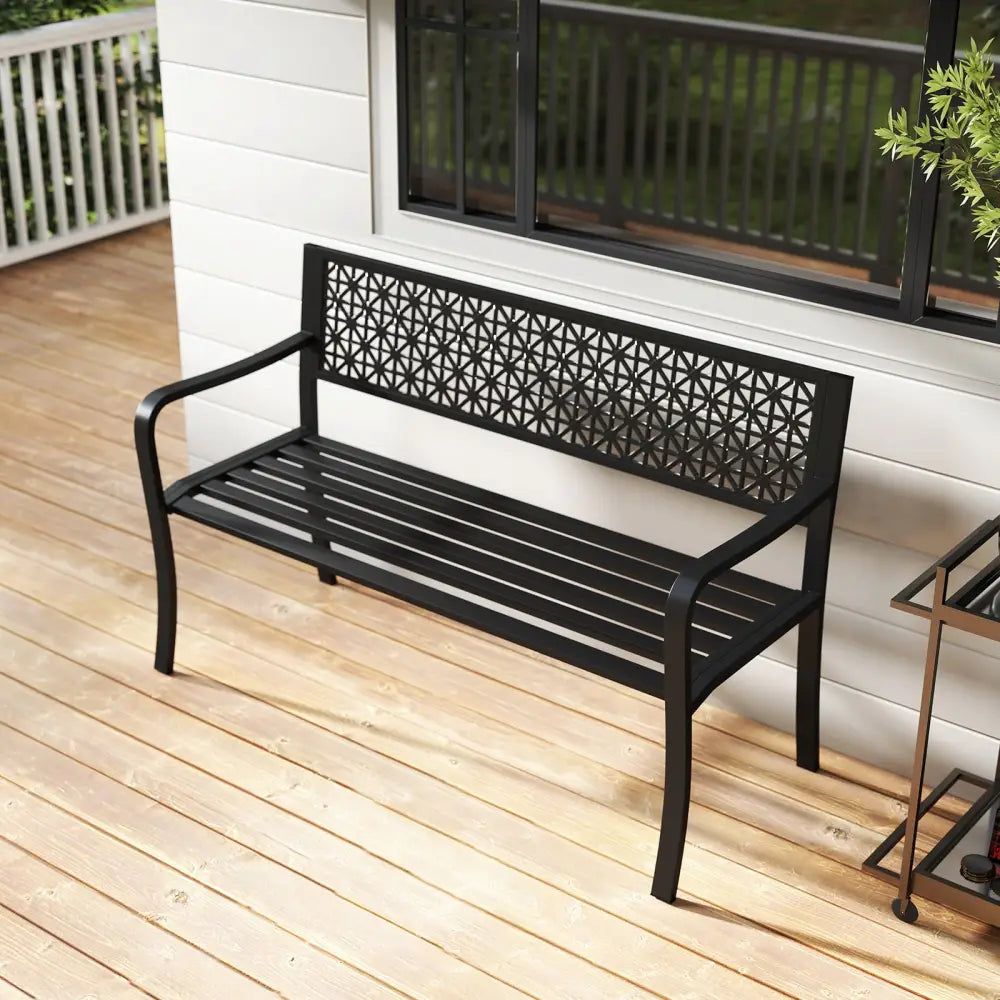 50 Inch Garden Bench with Patterned Backrest and Curved Armrests for 2-3 Person-Black - Black - Outdoor Benches