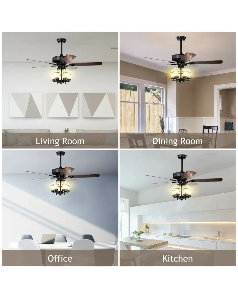 50 Inch Noiseless Ceiling Fan Light with Explosion-proof Glass Lampshades-Black - Black - Ceiling Fans
