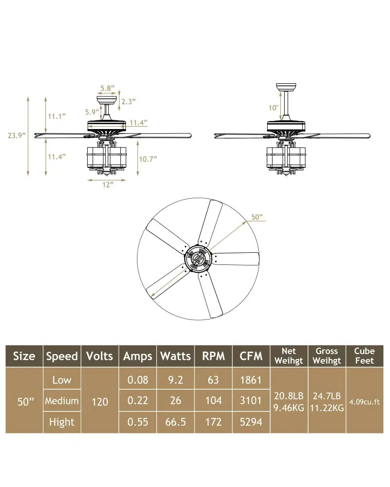 50 Inch Noiseless Ceiling Fan Light with Explosion-proof Glass Lampshades-Black - Black - Ceiling Fans