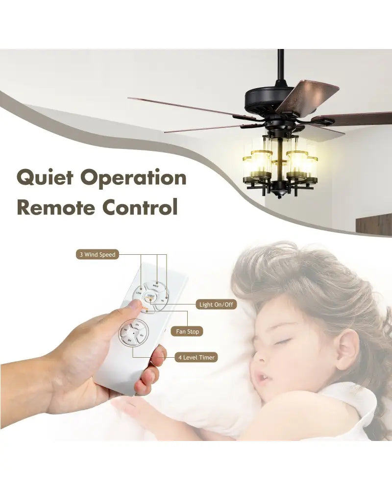 50 Inch Noiseless Ceiling Fan Light with Explosion-proof Glass Lampshades-Black - Black - Ceiling Fans