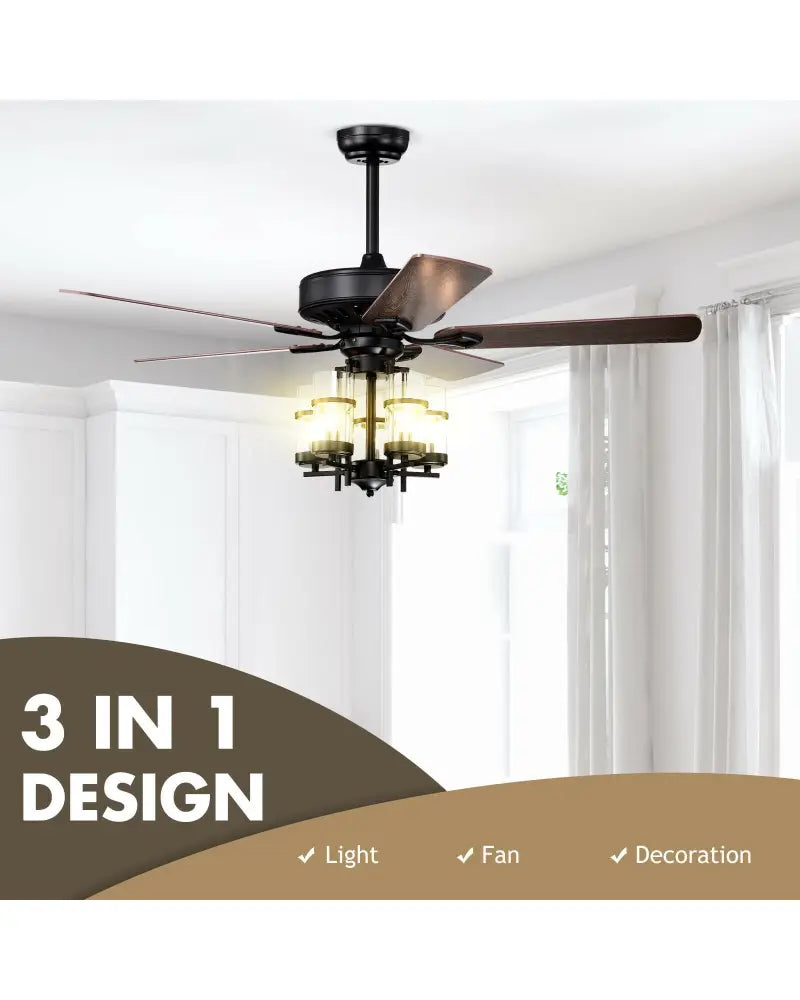 50 Inch Noiseless Ceiling Fan Light with Explosion-proof Glass Lampshades-Black - Black - Ceiling Fans