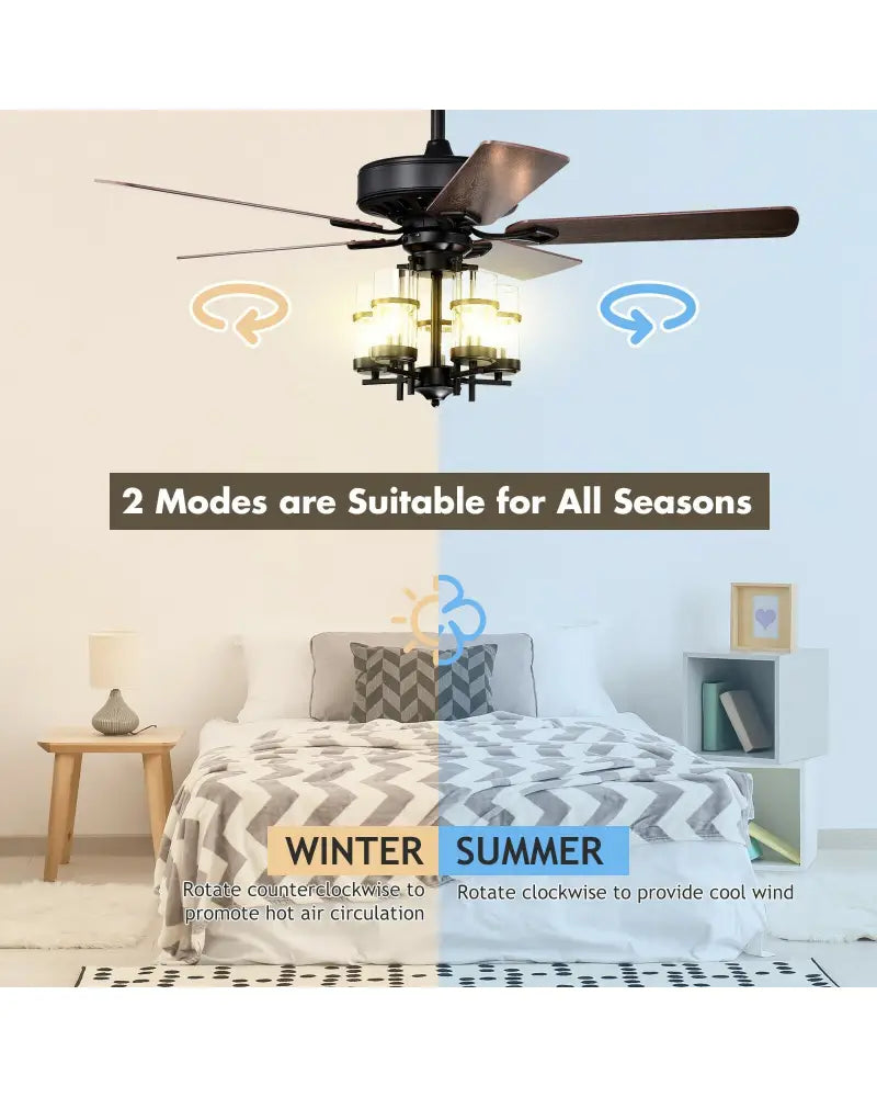 50 Inch Noiseless Ceiling Fan Light with Explosion-proof Glass Lampshades-Black - Black - Ceiling Fans