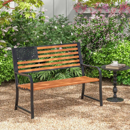 50 Inch Outdoor Garden Bench with Flag Pattern Backrest and Rustic Wood Grain Finish-Brown - Brown - Beach & Lawn Chairs
