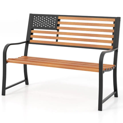 50 Inch Outdoor Garden Bench with Flag Pattern Backrest and Rustic Wood Grain Finish-Brown - Brown - Beach & Lawn Chairs