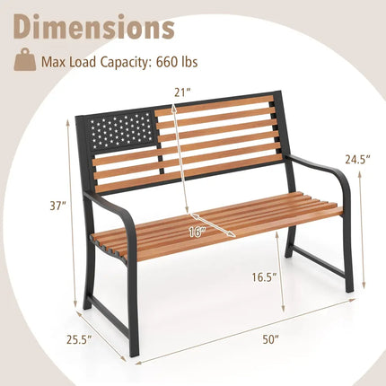 50 Inch Outdoor Garden Bench with Flag Pattern Backrest and Rustic Wood Grain Finish-Brown - Brown - Beach & Lawn Chairs