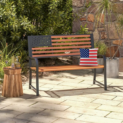 50 Inch Outdoor Garden Bench with Flag Pattern Backrest and Rustic Wood Grain Finish-Brown - Brown - Beach & Lawn Chairs
