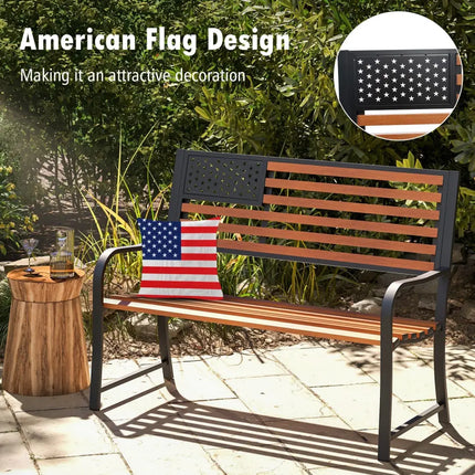 50 Inch Outdoor Garden Bench with Flag Pattern Backrest and Rustic Wood Grain Finish-Brown - Brown - Beach & Lawn Chairs