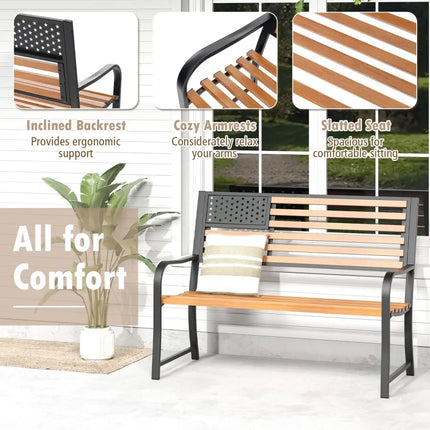 50 Inch Outdoor Garden Bench with Flag Pattern Backrest and Rustic Wood Grain Finish-Brown - Brown - Beach & Lawn Chairs