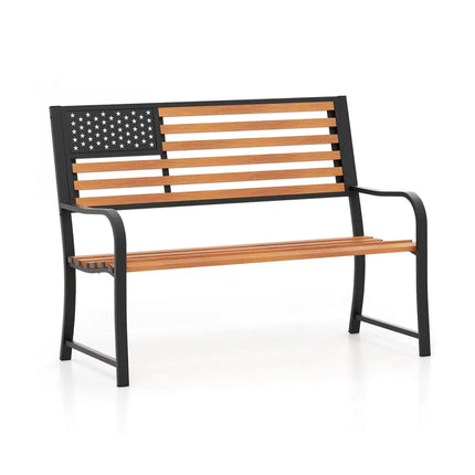 50 Inch Outdoor Garden Bench with Flag Pattern Backrest and Rustic Wood Grain Finish-Brown - Brown - Beach & Lawn Chairs