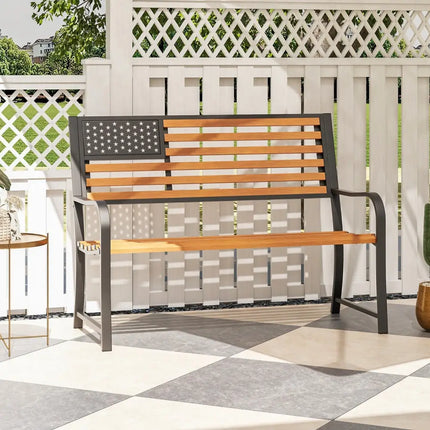 50 Inch Outdoor Garden Bench with Flag Pattern Backrest and Rustic Wood Grain Finish-Brown - Brown - Beach & Lawn Chairs