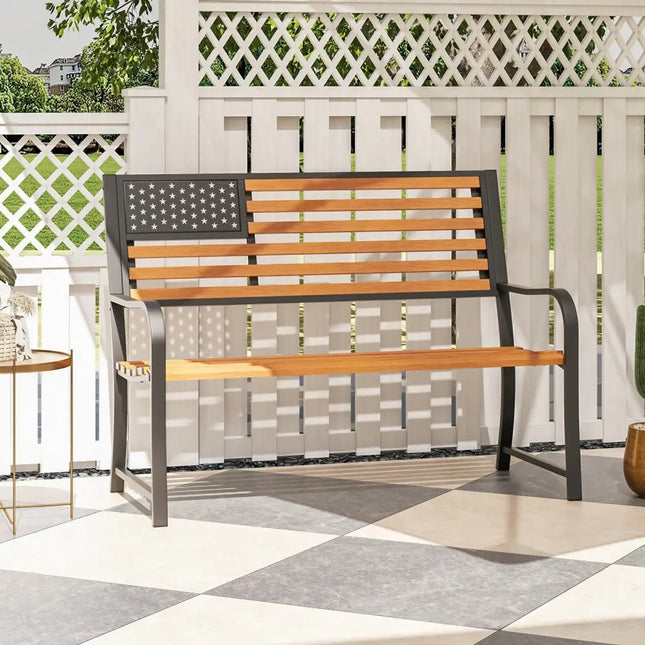 50 Inch Outdoor Garden Bench with Flag Pattern Backrest and Rustic Wood Grain Finish-Brown - Brown - Beach & Lawn Chairs