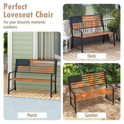 50 Inch Outdoor Garden Bench with Flag Pattern Backrest and Rustic Wood Grain Finish-Brown - Brown - Beach & Lawn Chairs
