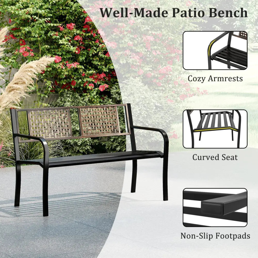 50 Inch Outdoor Metal Garden Bench with Rattan-Like Backrest for 2-3 People-Black - Black - Outdoor Benches