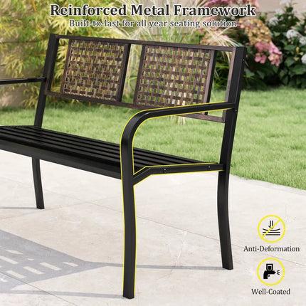 50 Inch Outdoor Metal Garden Bench with Rattan-Like Backrest for 2-3 People-Black - Black - Outdoor Benches