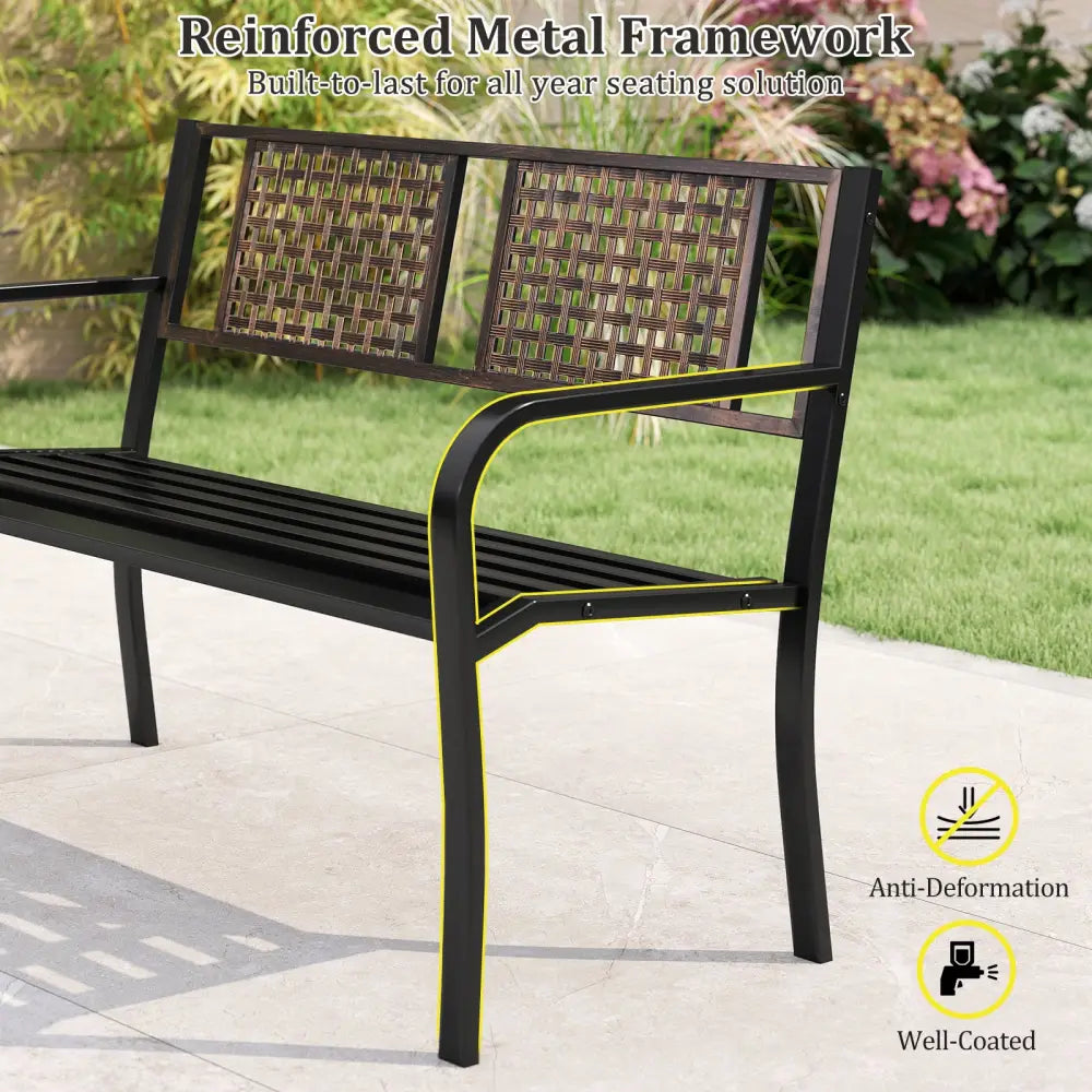 50 Inch Outdoor Metal Garden Bench with Rattan-Like Backrest for 2-3 People-Black - Black - Outdoor Benches