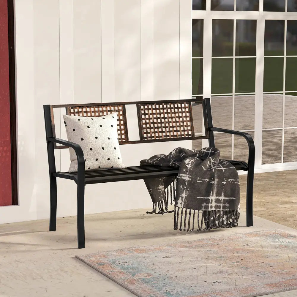 50 Inch Outdoor Metal Garden Bench with Rattan-Like Backrest for 2-3 People-Black - Black - Outdoor Benches