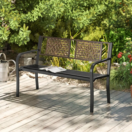 50 Inch Outdoor Metal Garden Bench with Rattan-Like Backrest for 2-3 People-Black - Black - Outdoor Benches