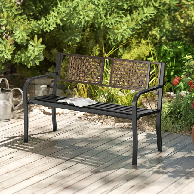50 Inch Outdoor Metal Garden Bench with Rattan-Like Backrest for 2-3 People-Black - Black - Outdoor Benches